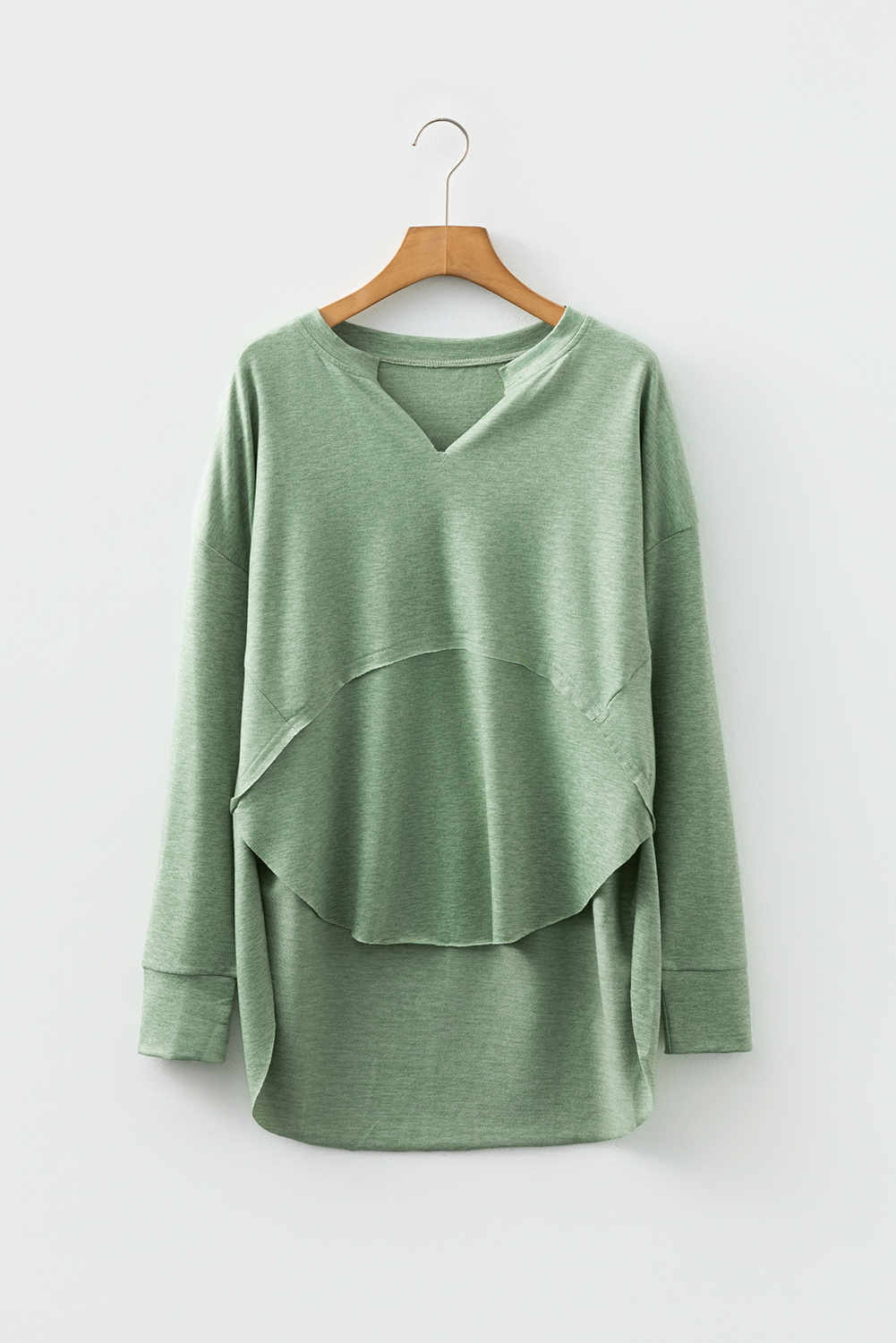 Myosotis Notched Neck Terry Raw Hem Long Sleeve Top - loveforevers