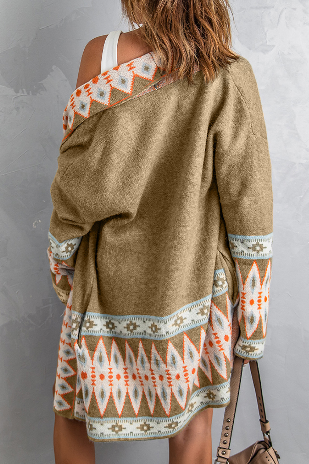Brown Aztec Print Open Front Knitted Cardigan - loveforevers