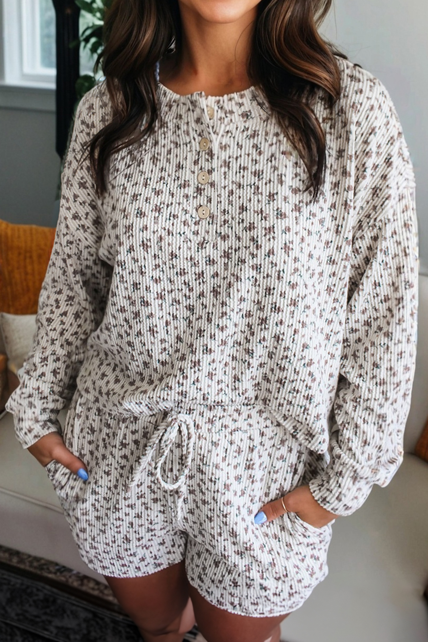 White Spiral Ribbed Floral Print Long Sleeve Henley Top Drawstring Short Set - loveforevers