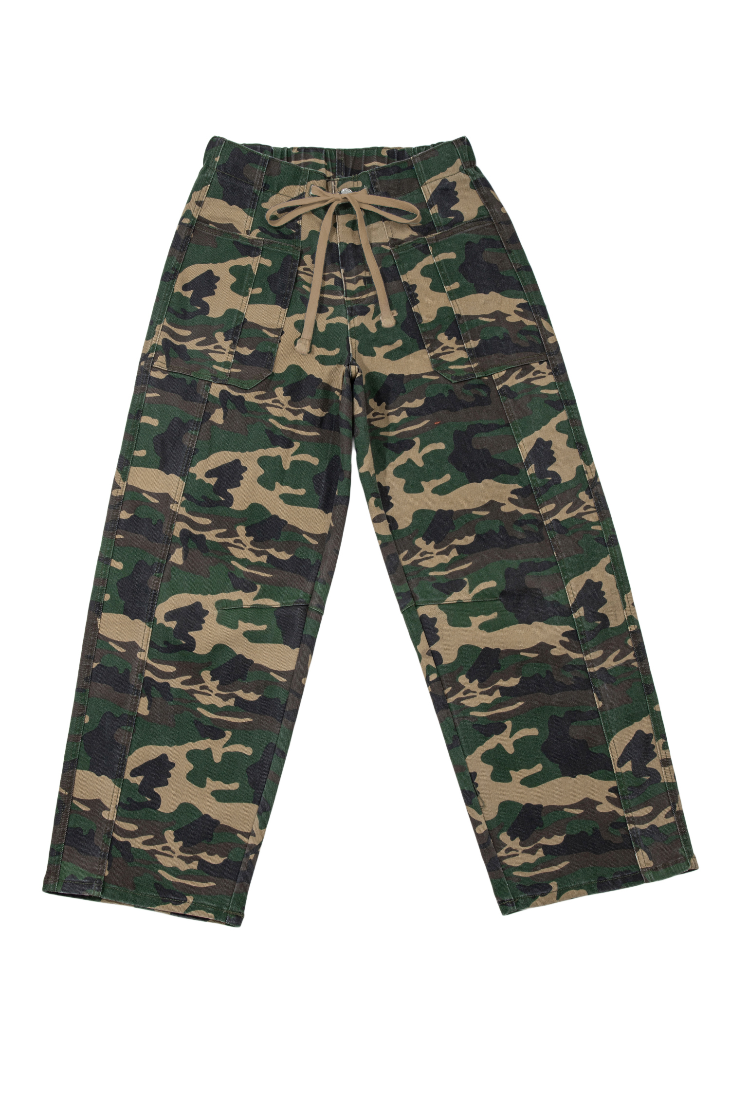 Green Camouflage Print Drawstring Patch Pocket Barrel Jeans - loveforevers