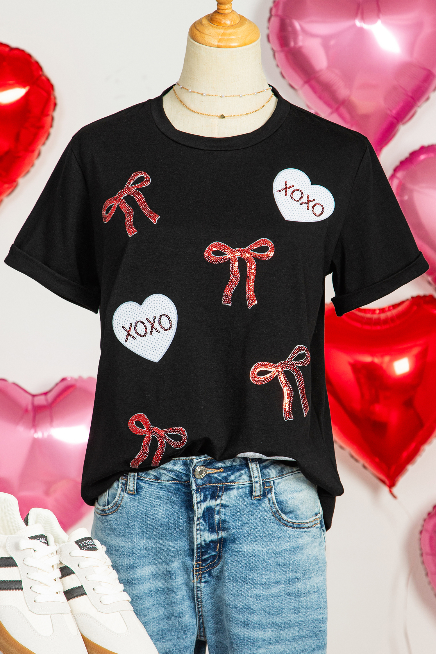 Black Valentines Bow XOXO Heart Sequin Patched Loose T Shirt - loveforevers