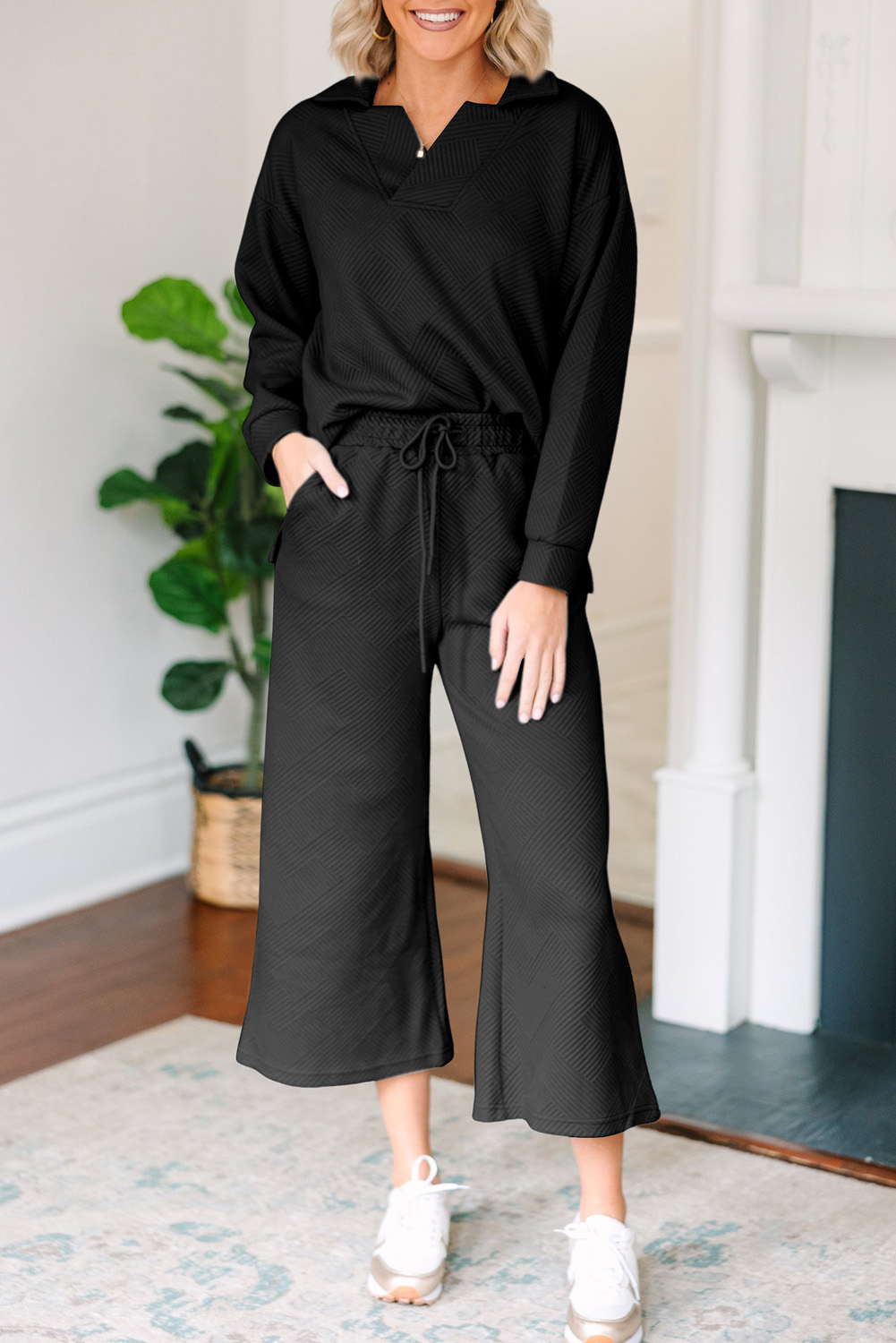 Sail Blue Solid Textured Collared V Neck Top and Wide Leg Pants Set - loveforevers