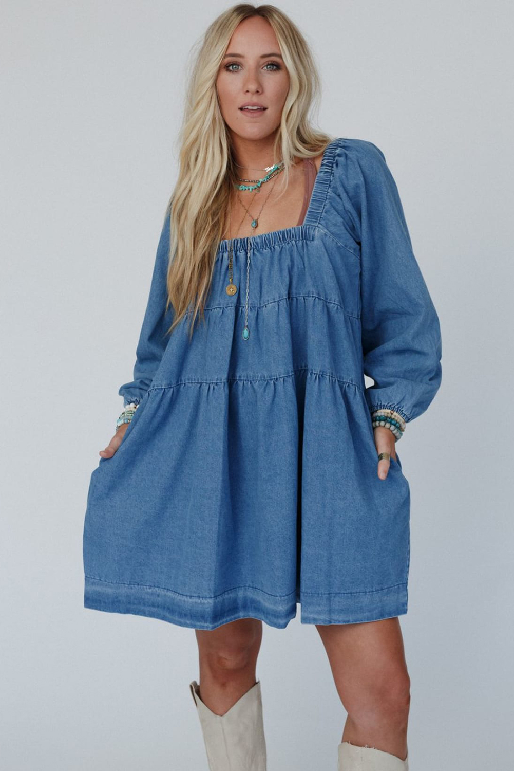 Dusk Blue Square Neck Side Pockets Loose Fit Denim Mini Dress - loveforevers