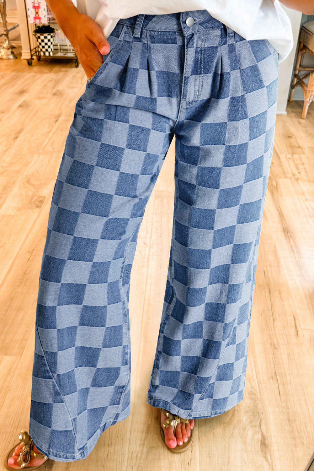 Dark Grey Checkered Denim Wide Leg Jeans - loveforevers