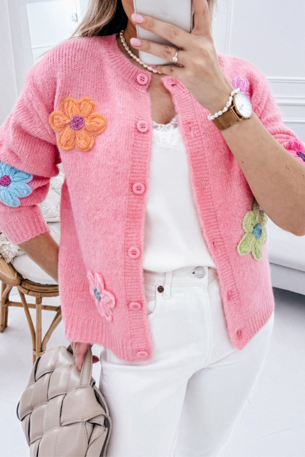Pink Cute Knitted Floral Pattern Button Up Cardigan - loveforevers