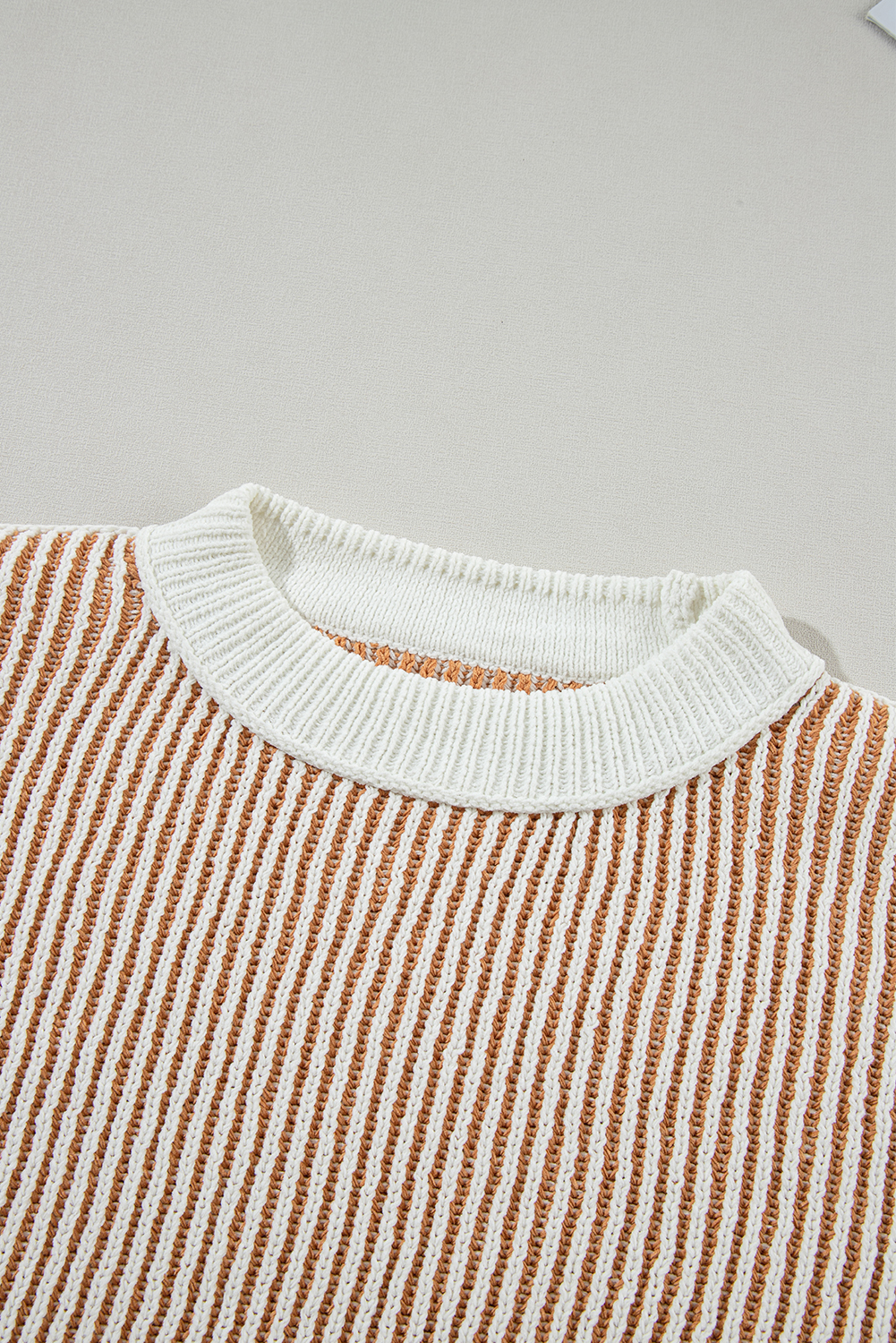 Bright Pink Striped Textured Knit Contrast Edge Loose Sweater - loveforevers
