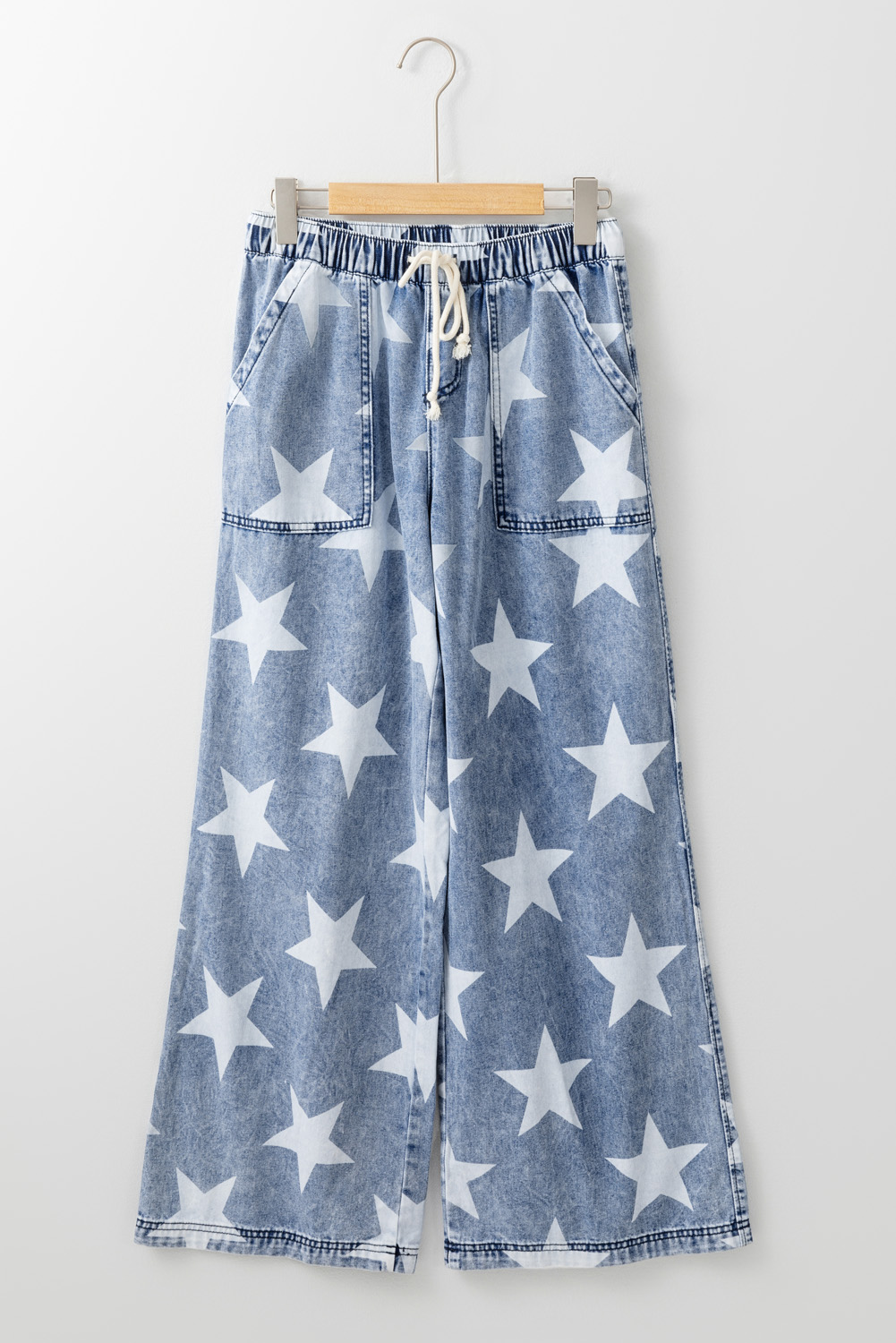 Light Blue Star Print Light Wash Drawstring Elastic Waistband Wide Leg Jeans - loveforevers