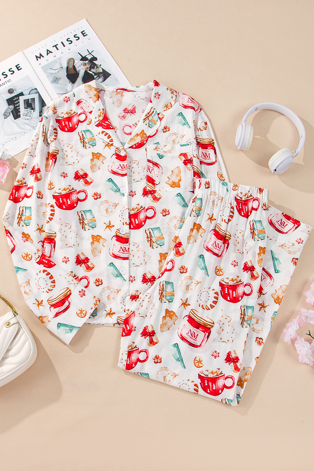 White Christmas Pattern Long Sleeve Shirt and Pants Pajama Set - loveforevers