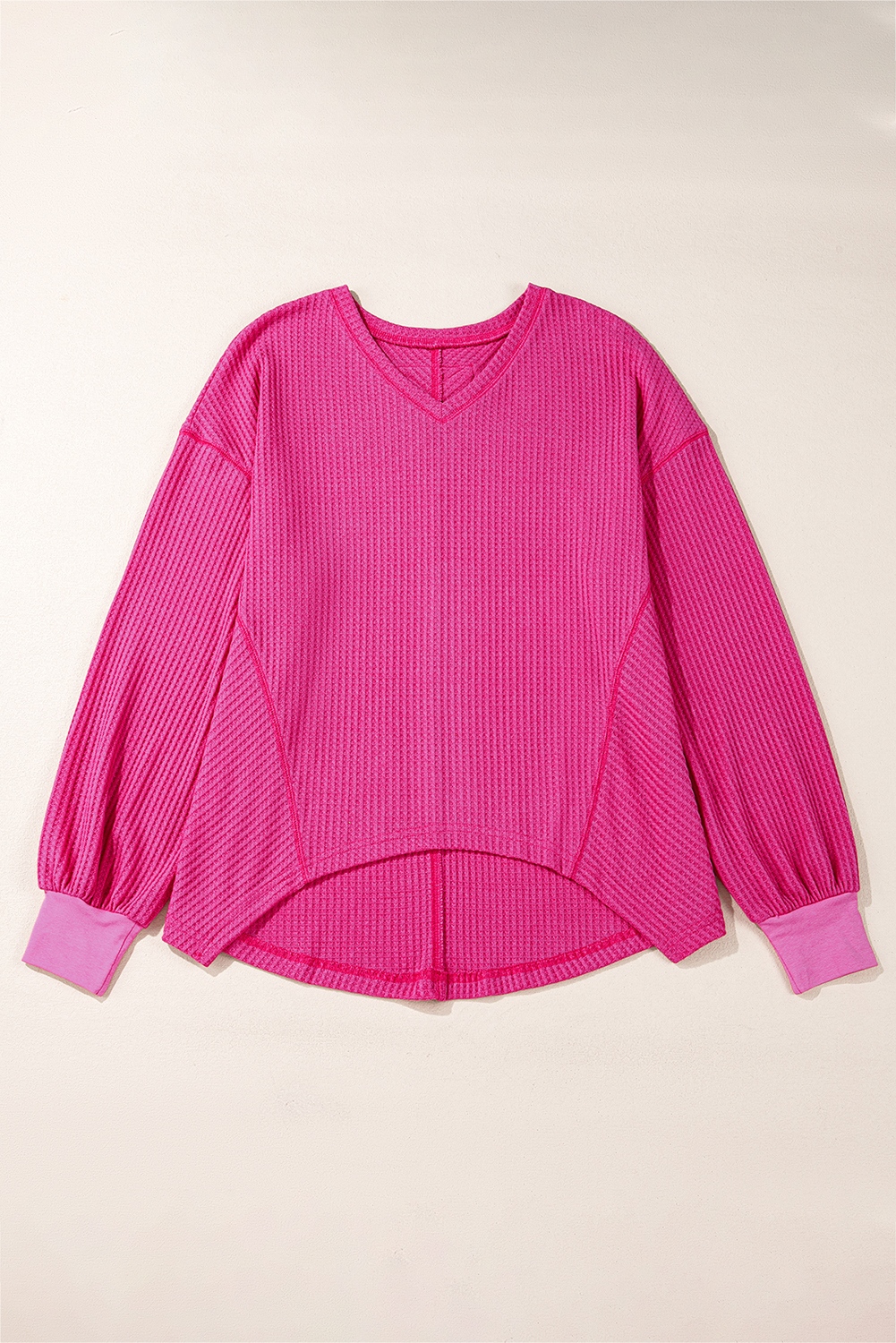 Light Pink Waffle V Neck Long Sleeve Drop Shoulder Loose Blouse - loveforevers