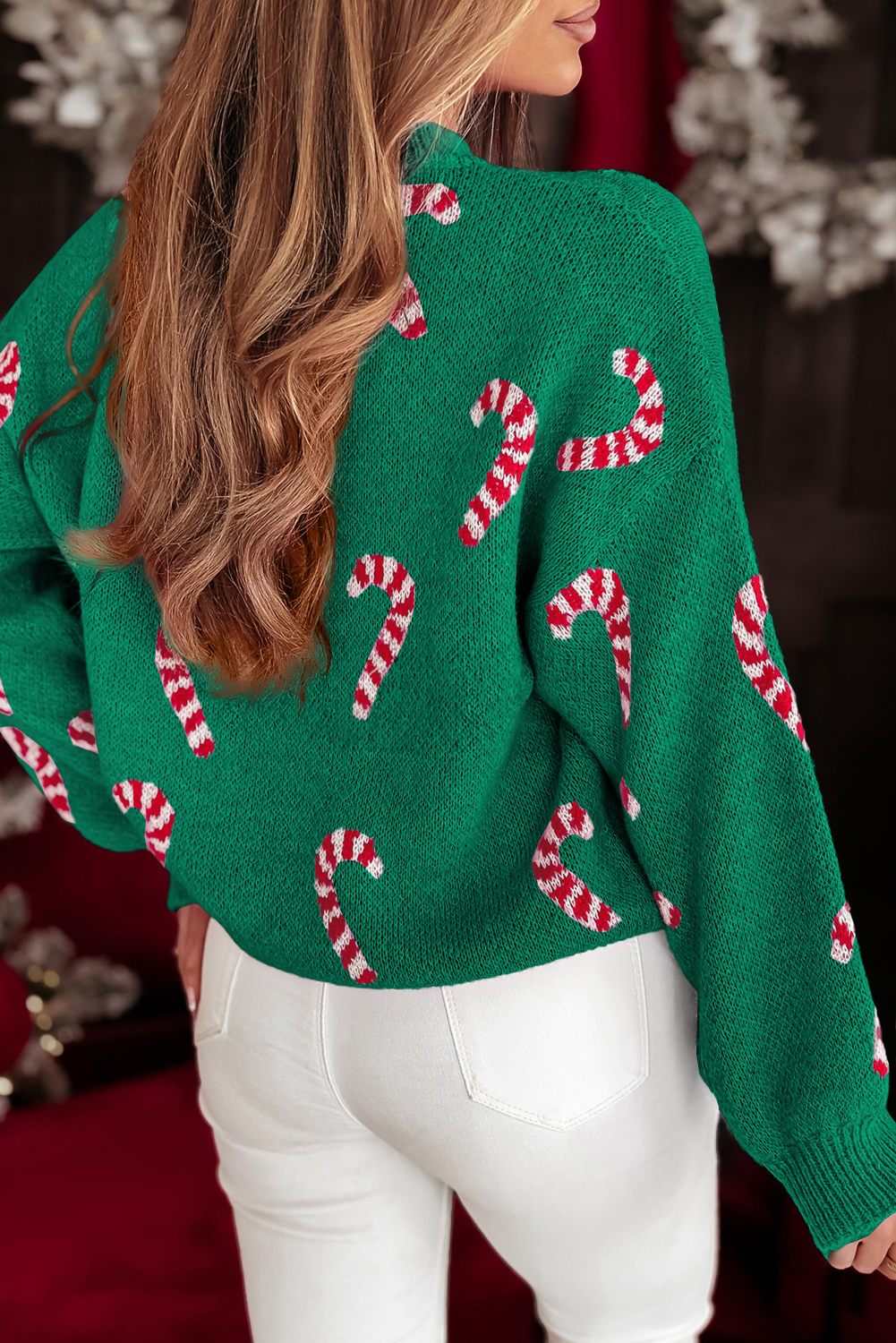 Dark Green Christmas Candy Cane Holiday Drop Shoulder Sweater - loveforevers