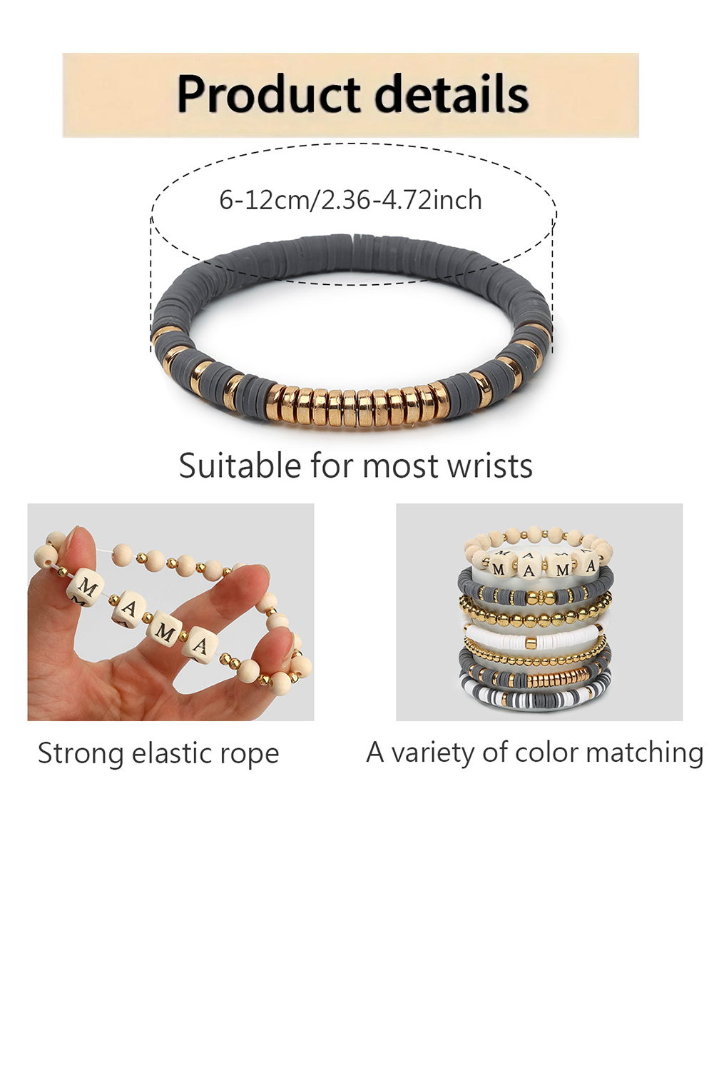 Gray MAMA Beaded Multi Layered Bracelet - loveforevers