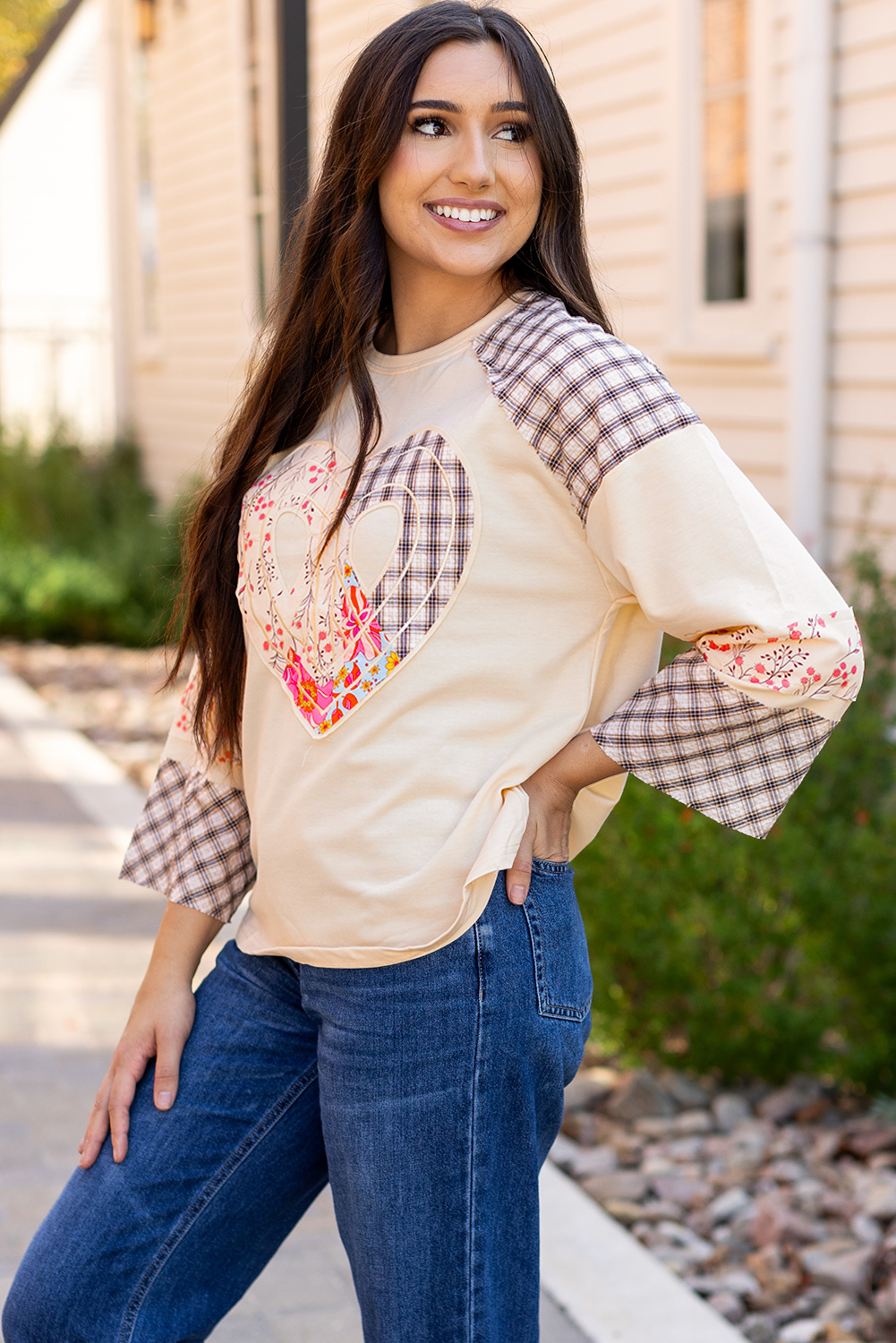 Beige Flower Patch Graphic Exposed Seam Wide Sleeve Top - loveforevers
