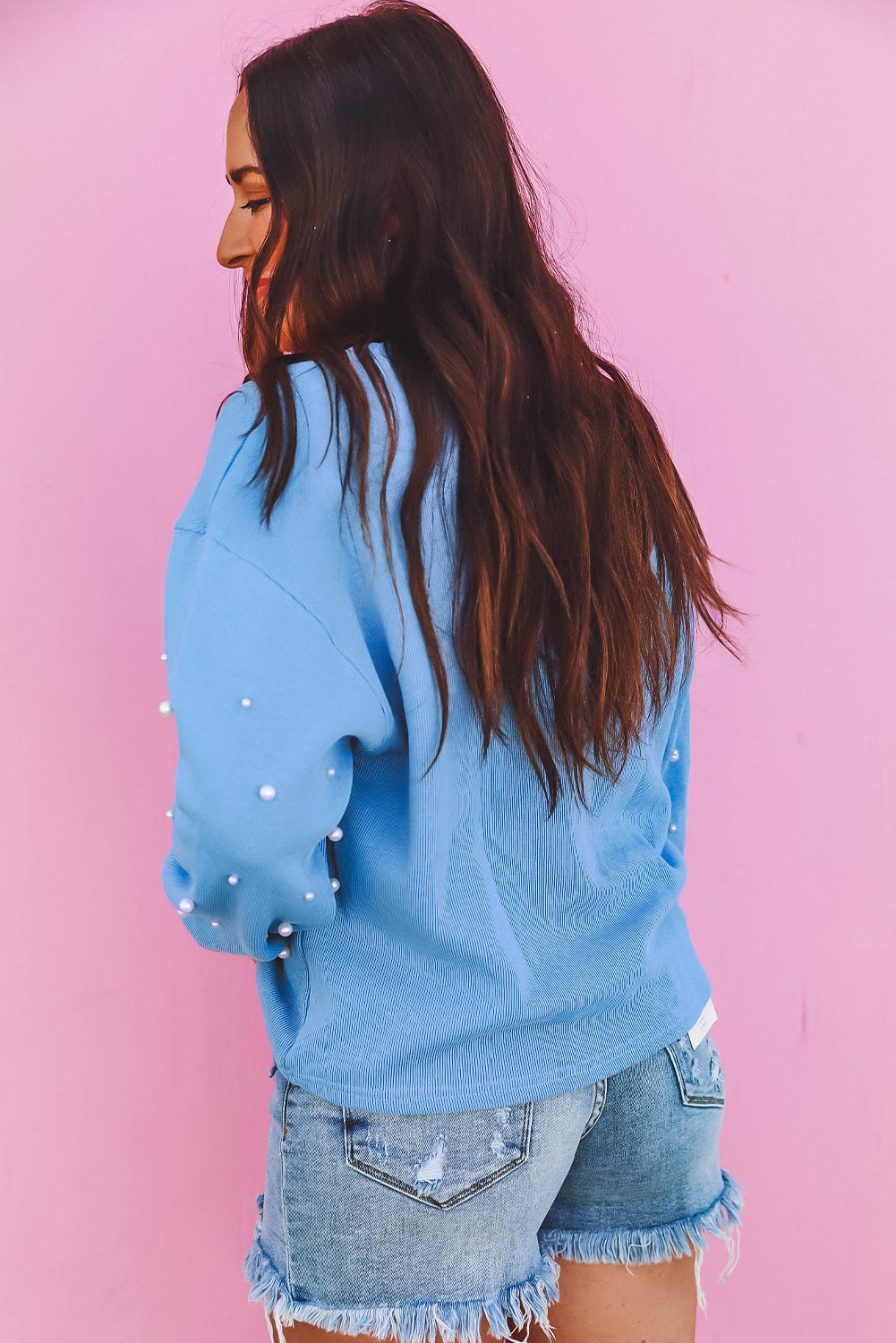 Myosotis Pearled Sleeves Drop Shoulder Round Neck Pullover Sweatshirt - loveforevers