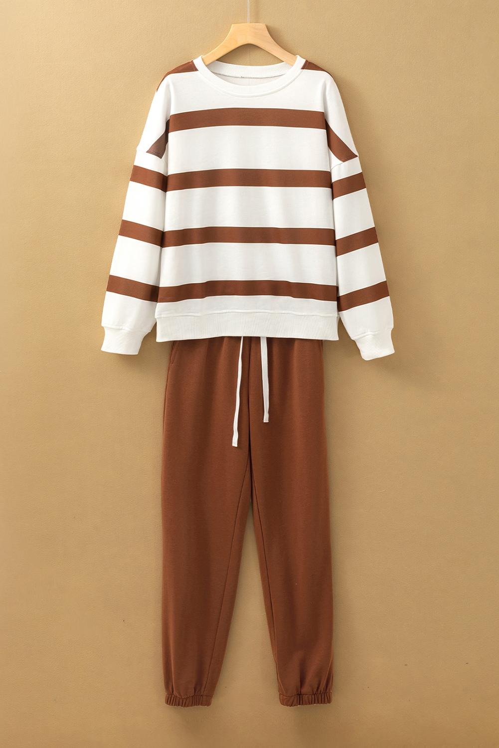 Brown Stripe Striped Drop Shoulder Pullover and Jogger Pants Set - loveforevers