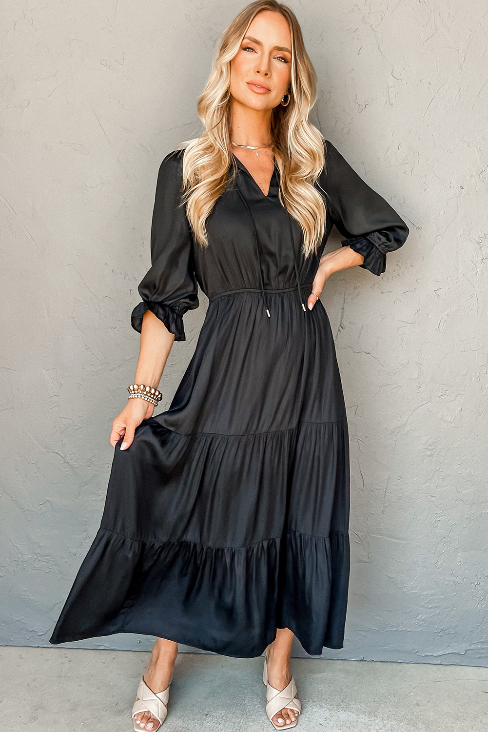 Black Flounced Bracelet Sleeve V Neck Tiered Maxi Dress - loveforevers