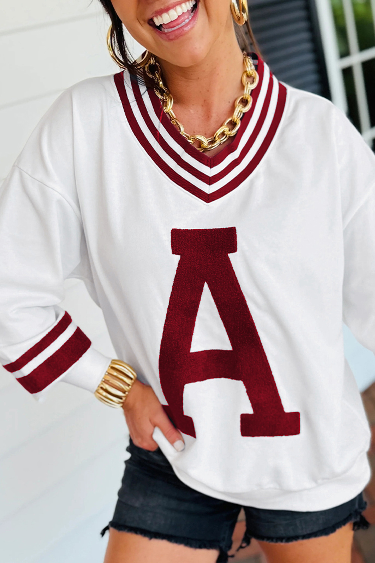 Red Dahlia Chenille Letter A Graphic Varsity Striped V Neck Puff Sleeve Sweatshirt - loveforevers