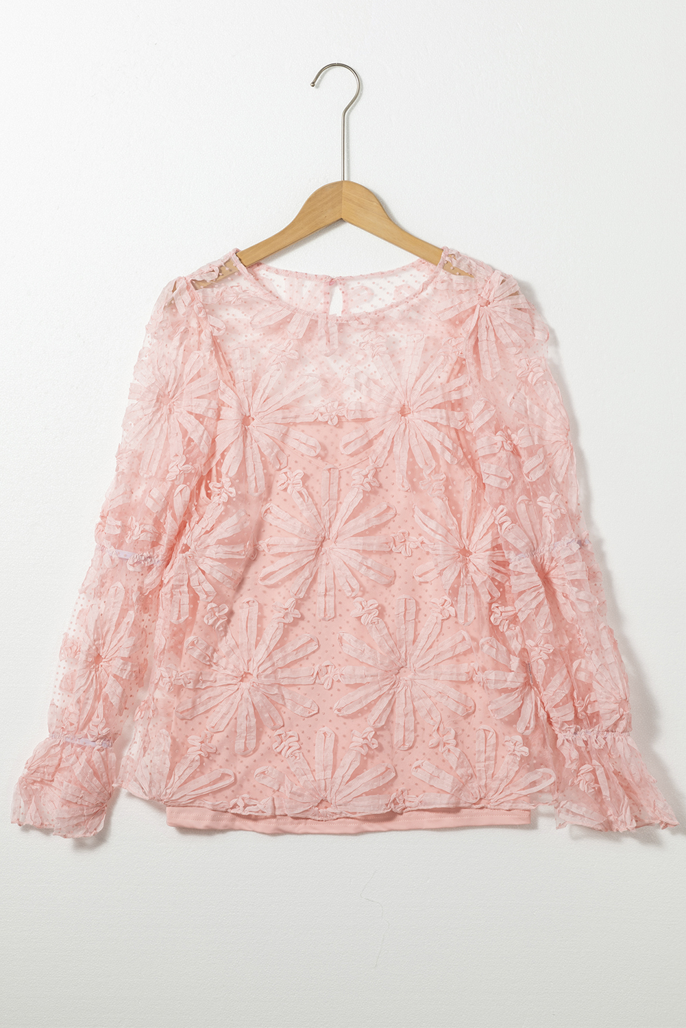 Pink Flower Dotted Ruffled Sleeve Mesh Top - loveforevers