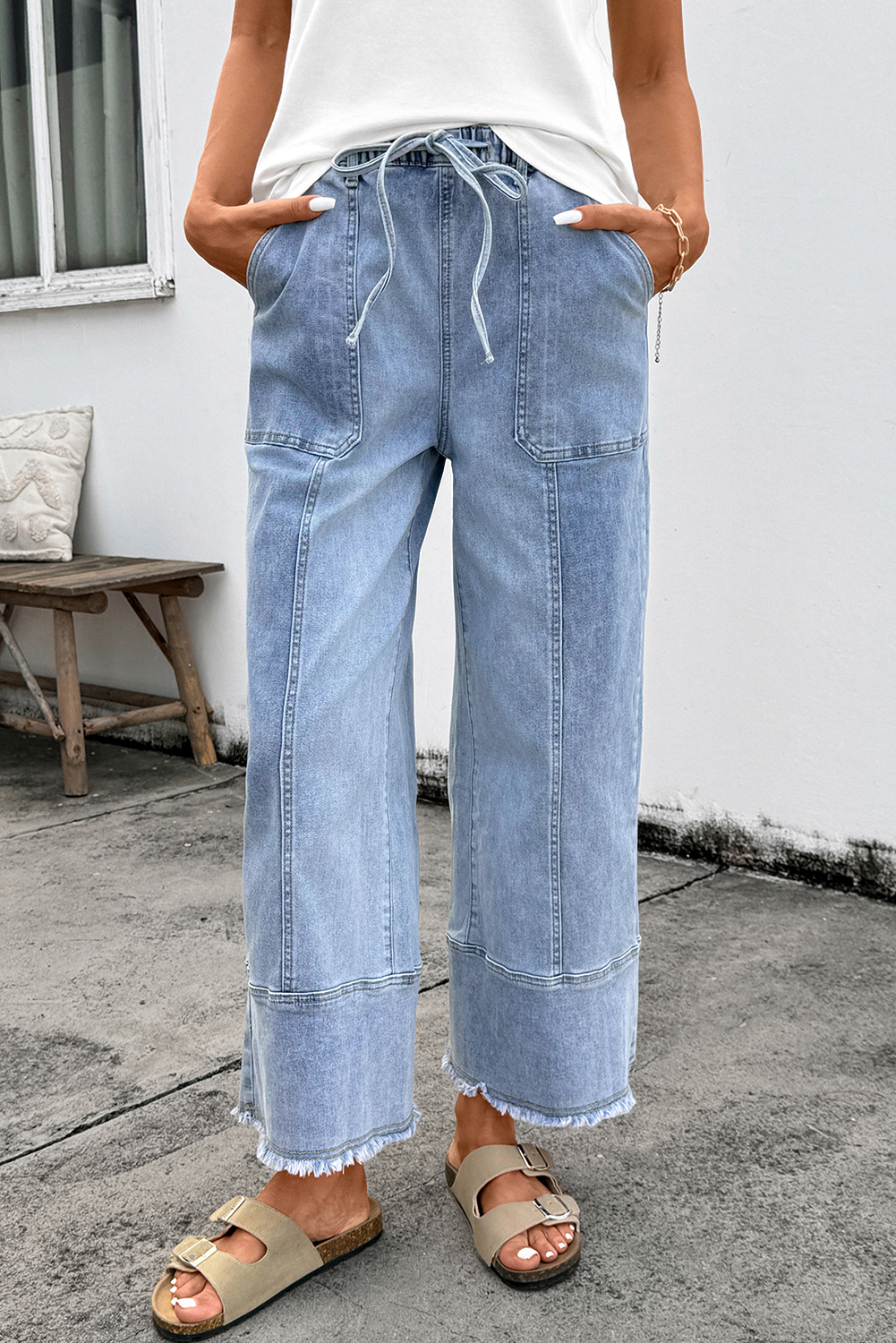 Beau Blue Drawstring Seam Detail Raw Hem Wide Leg Denim Pants - loveforevers