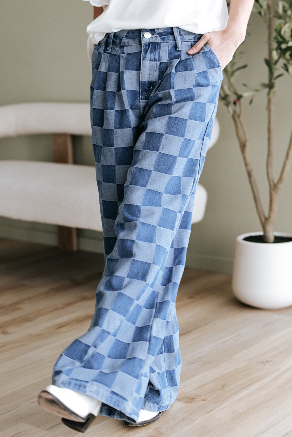 Dark Grey Checkered Denim Wide Leg Jeans - loveforevers