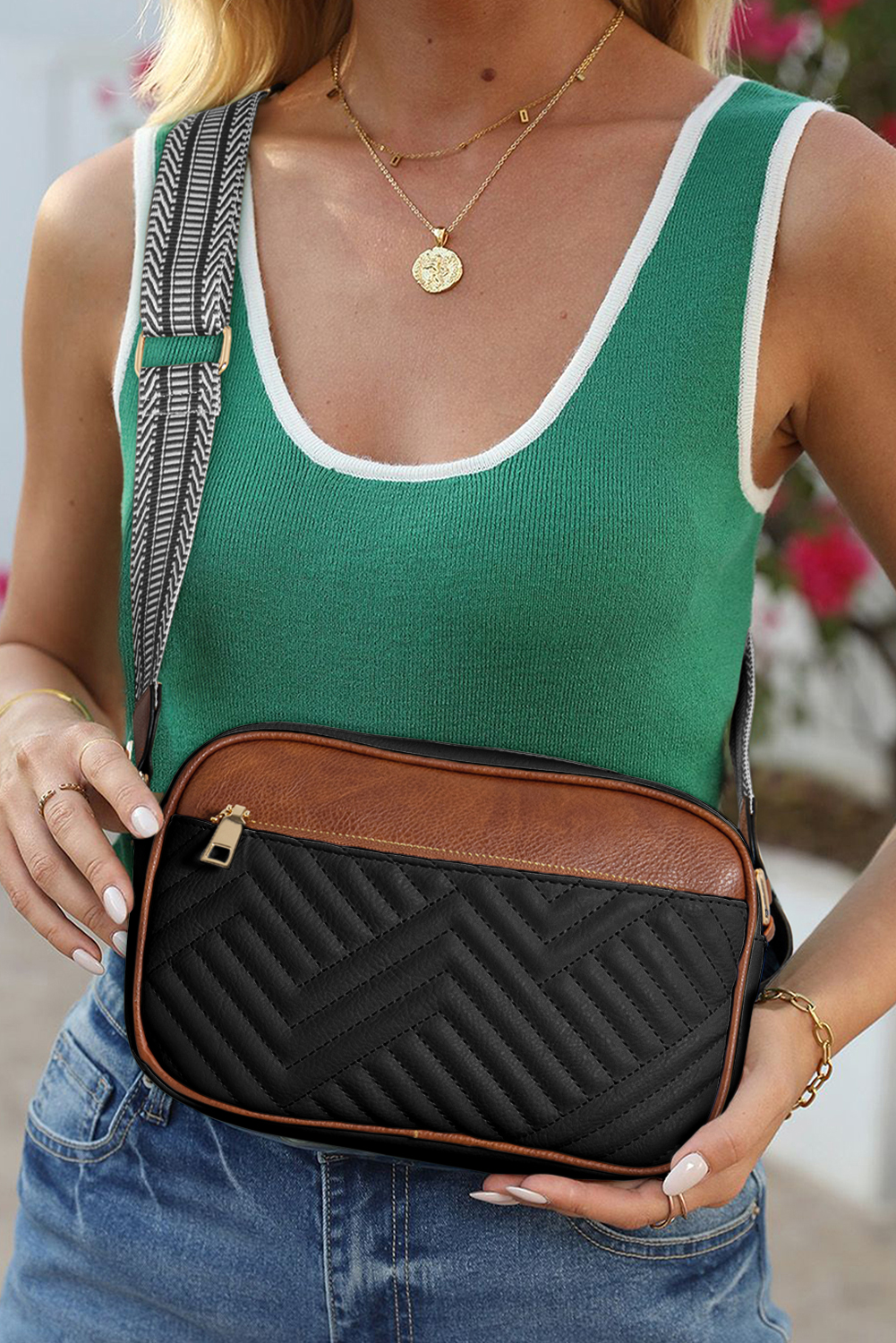 Black Quilted Faux Leather Crossbody Bag 22*6*16cm - loveforevers