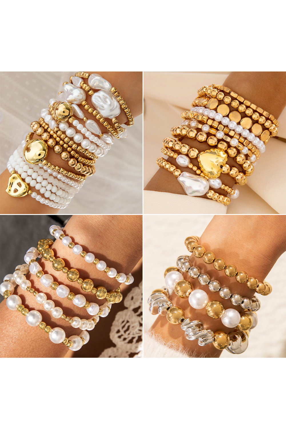 Gold Alloy Plated Pearl Beading 10pcs Bracelet Set - loveforevers
