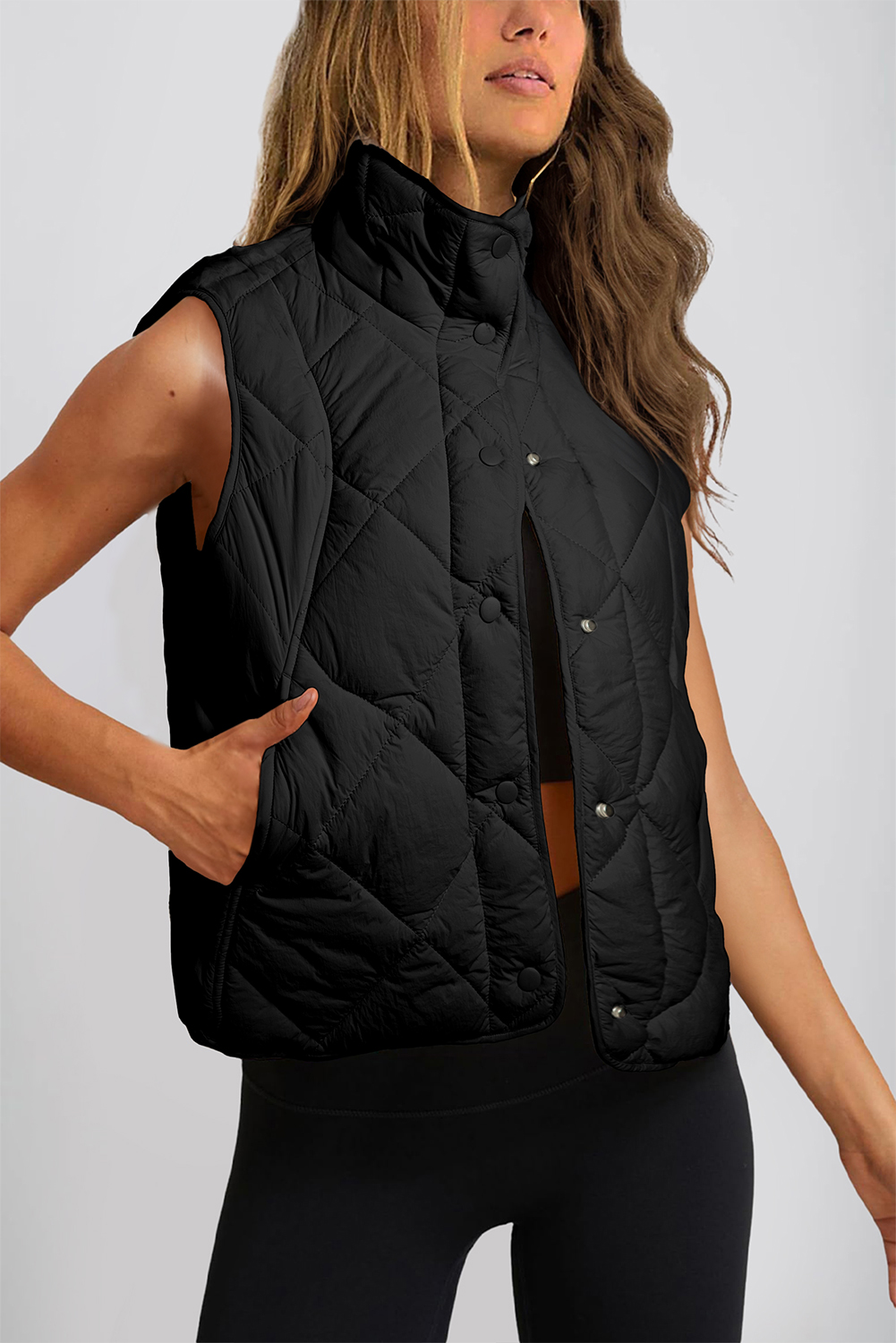 Beige Quilted High Neck Button Up Pocket Vest Coat - loveforevers
