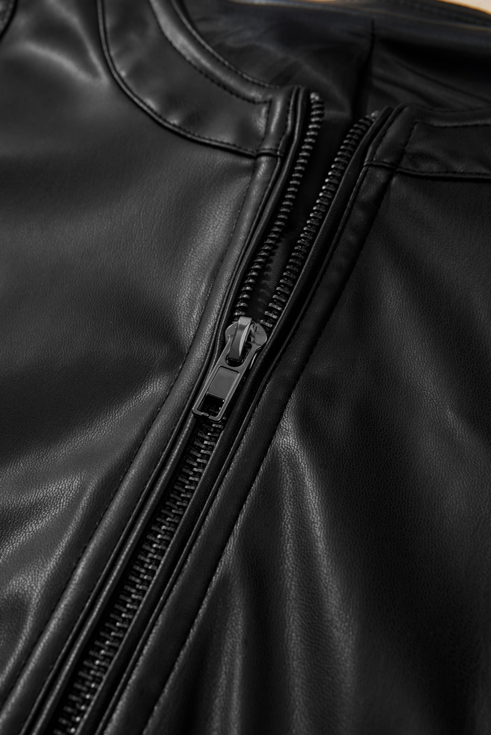 Chestnut Solid Faux Leather Zipper Slim Fit Bomber Jacket - loveforevers