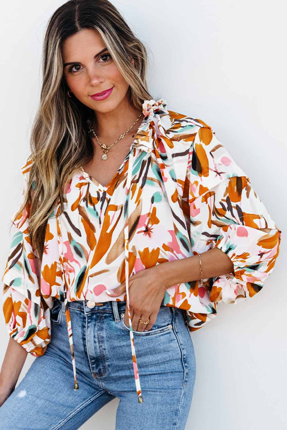Yellow Abstract Print Drawstring Frilled V Neck 3/4 Sleeve Blouse - loveforevers