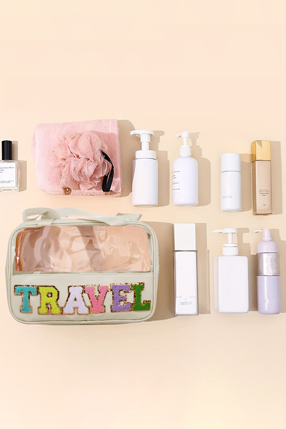 Light Pink TRAVEL Chenille Letter Clear PVC Makeup Bag - loveforevers