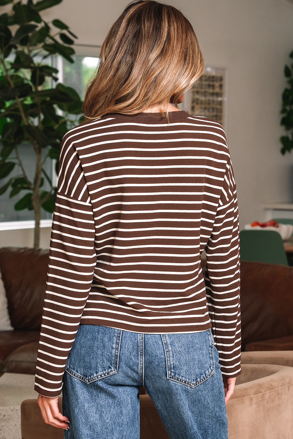 Brown Stripe Ribbed Cropped Crew Neck Long Sleeve T Shirt - loveforevers