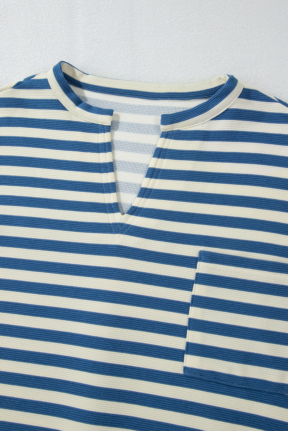 Sky Blue Stripe Chest Pocket Buttoned Back Notched V Neck Top - loveforevers