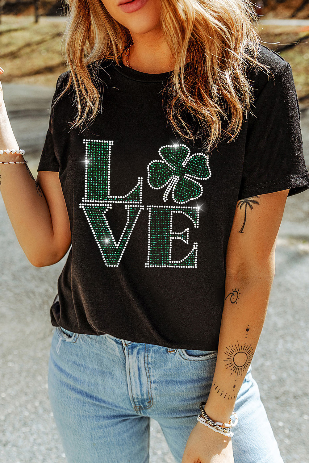 Black Clover LOVE Rhinestone Graphic St Patricks Day T Shirt - loveforevers