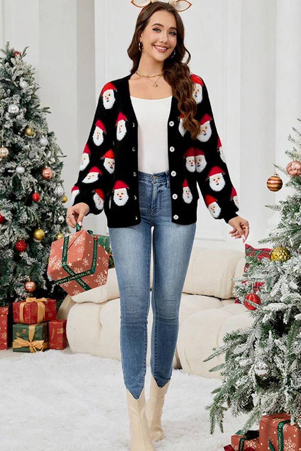 Black Christmas Santa Claus Pattern Button V Neck Sweater Cardigan - loveforevers