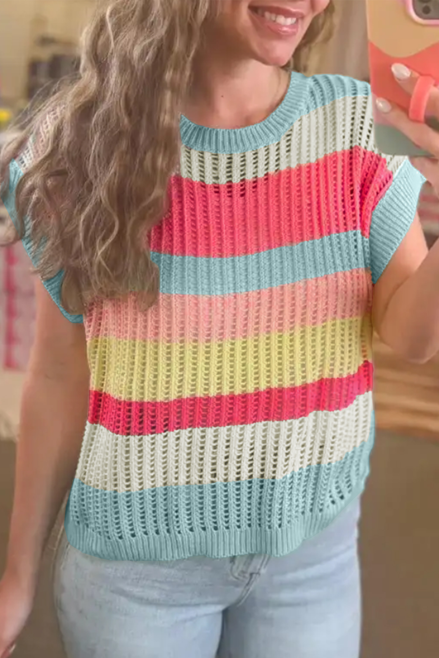Green Stripe Color Block Hollow Out Knit Short Sleeve Sweater - loveforevers