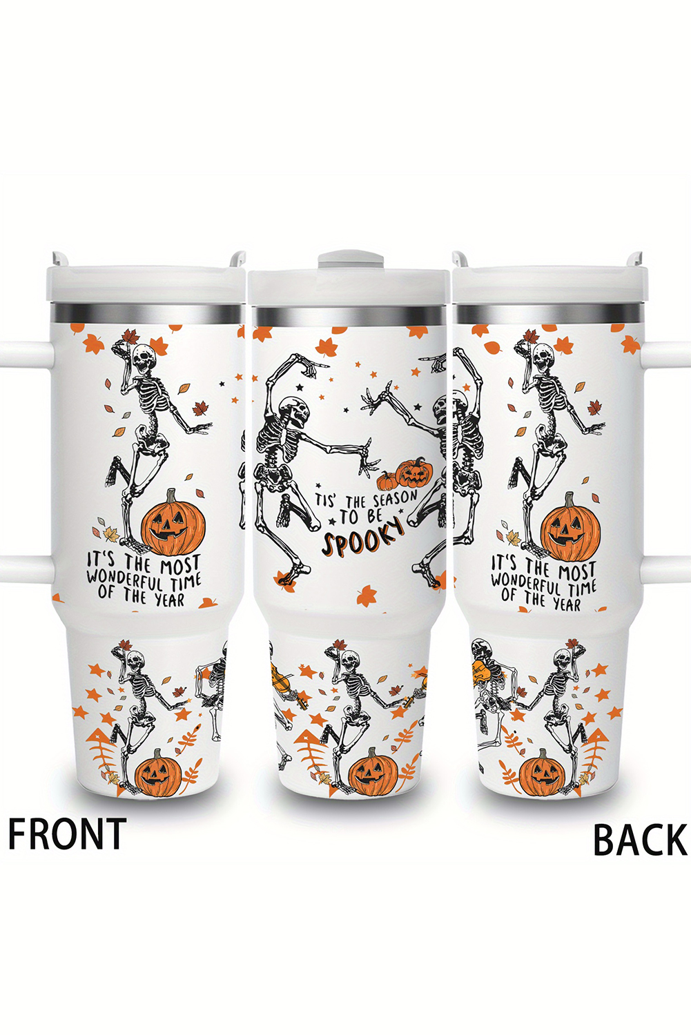 White 1200ml Halloween Dancing Skeleton Pumpkin Face Printed Thermos Cup - loveforevers