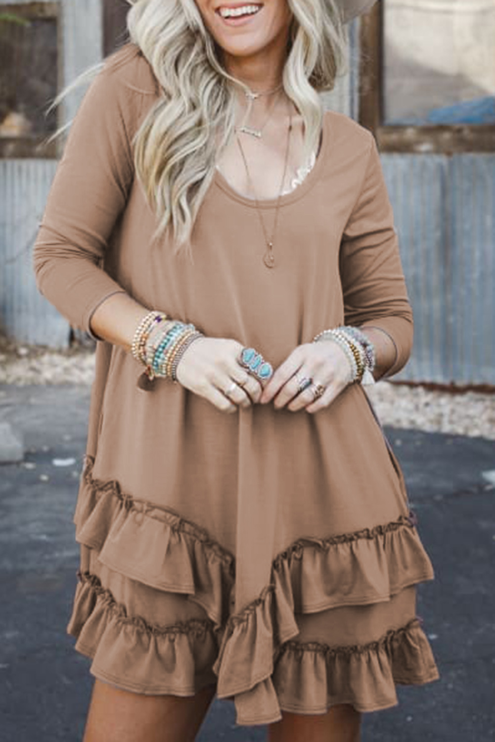 Goat Scoop Neck Tiered Ruffled Hem Long Sleeve Mini Dress - loveforevers