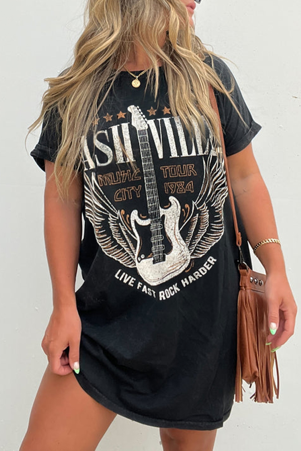 Black Nashville Guitar Print Crew Neck T Shirt Mini Dress - loveforevers