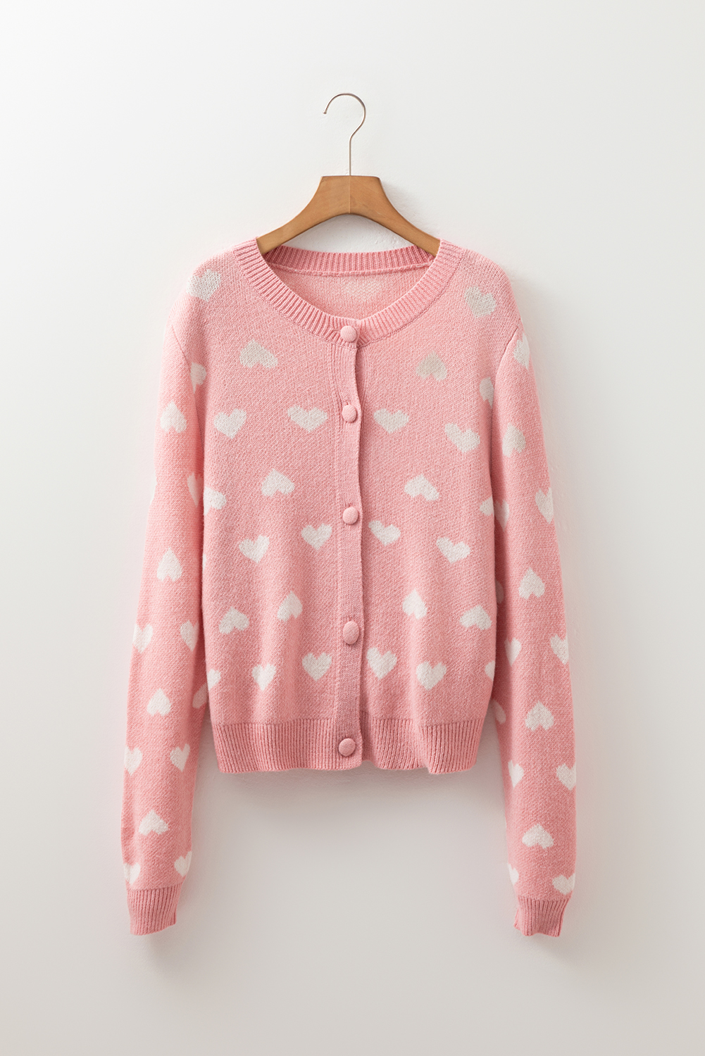 Light Pink Heart Pattern Button Front Cardigan Sweater - loveforevers