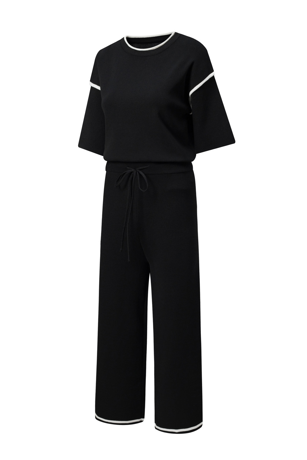 Blackish Green Contrast Trim Half Sleeve Top Drawstring Pants Loose 2pcs Sweater Suit - loveforevers