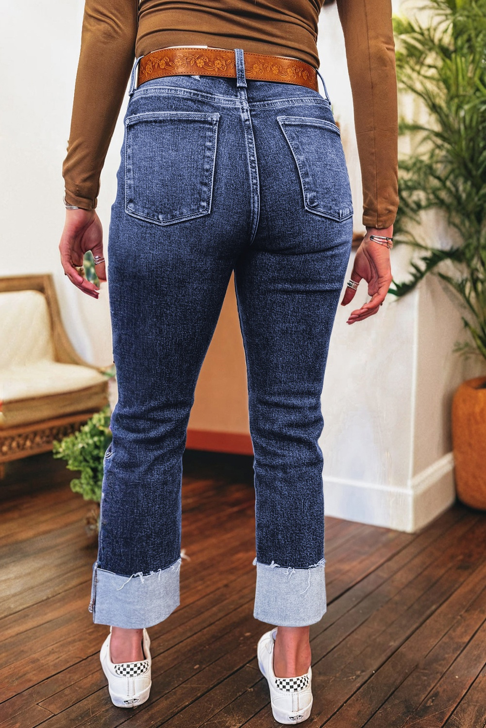 Real Teal Folded Cuffs Distressed Straight High Waist Jeans - loveforevers