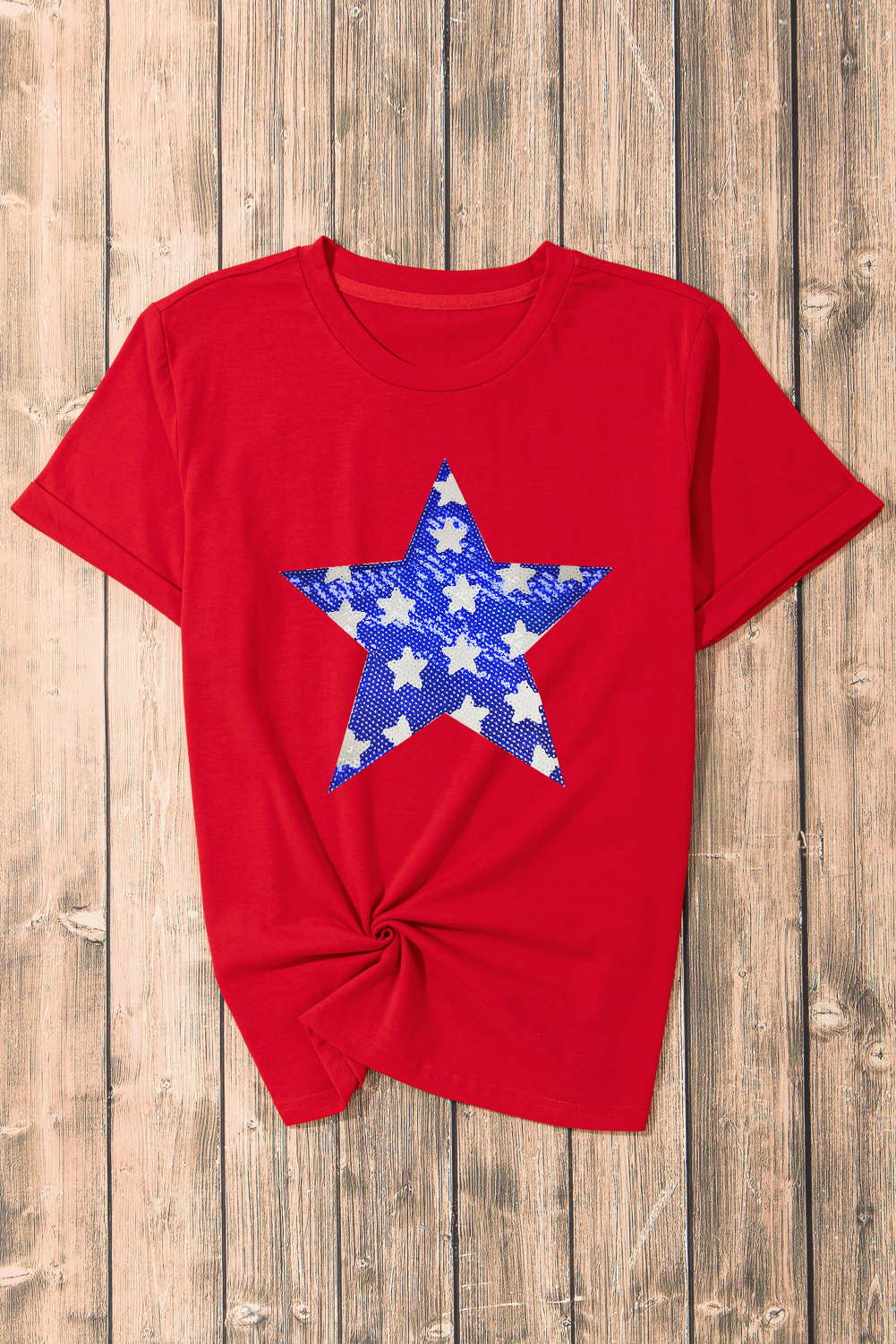 Red Sequin Star Graphic Crewneck T Shirt - loveforevers