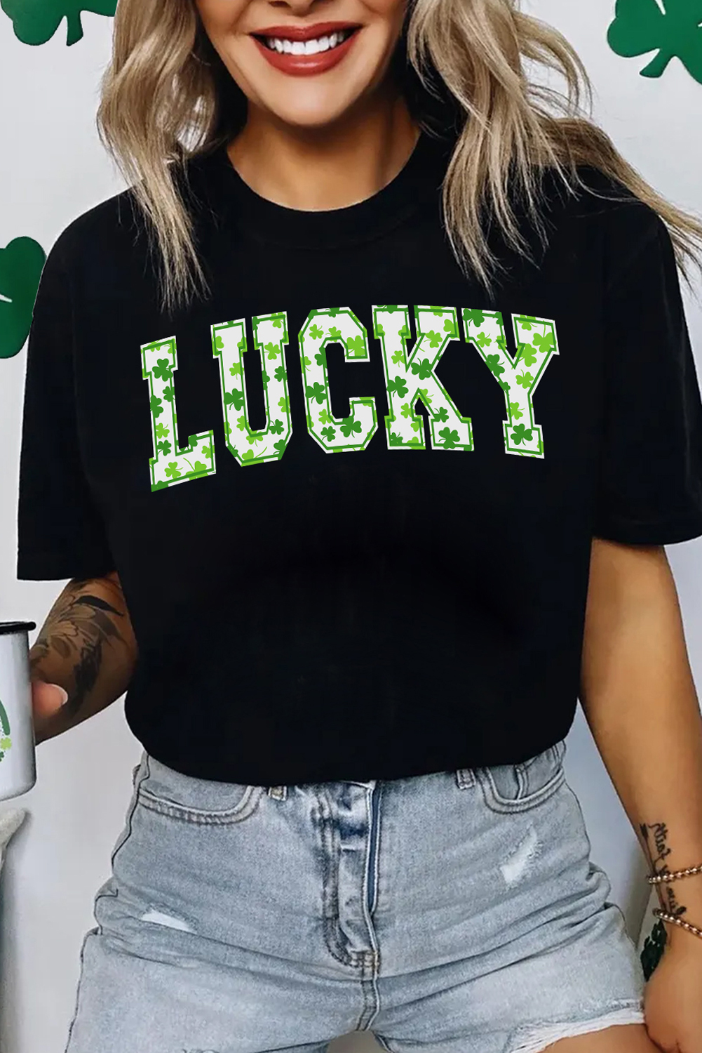 Black Clover LUCKY Letter Graphic St Patricks Day T Shirt - loveforevers
