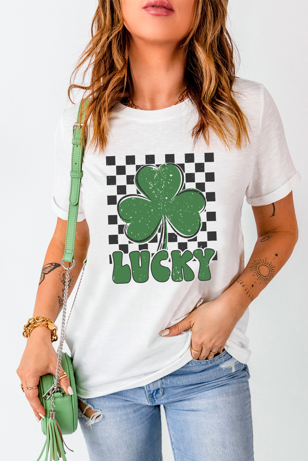 White Checker LUCKY Clover Printed St Patricks T Shirt - loveforevers