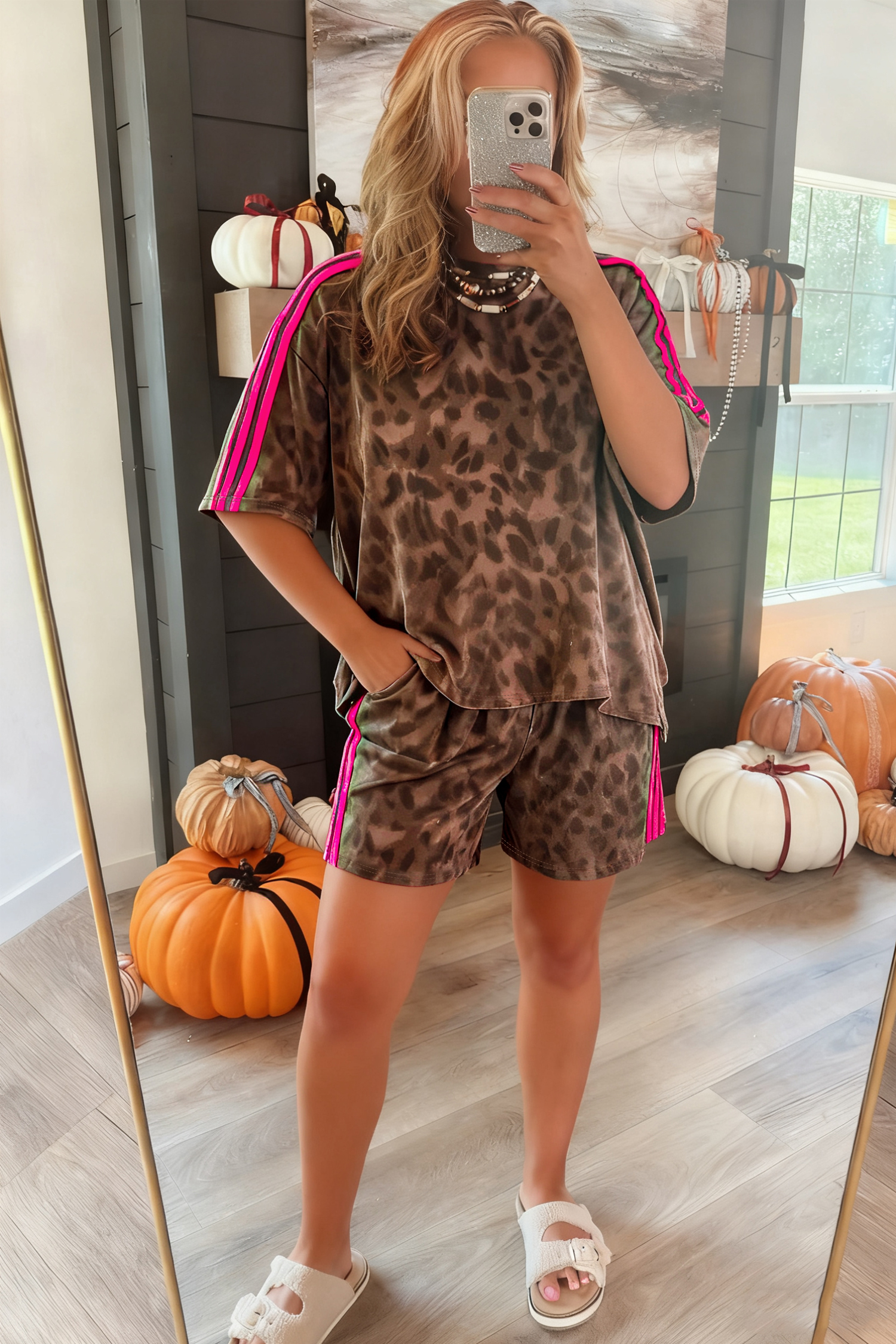 Brown Leopard Loose Tee Drawstring Waist Barrel Pants Set - loveforevers