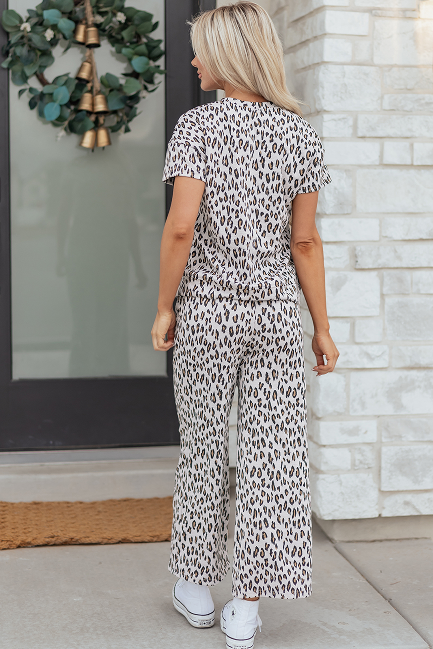 Beige Leopard Print Casual Tee and Pants 2pcs Outfit - loveforevers