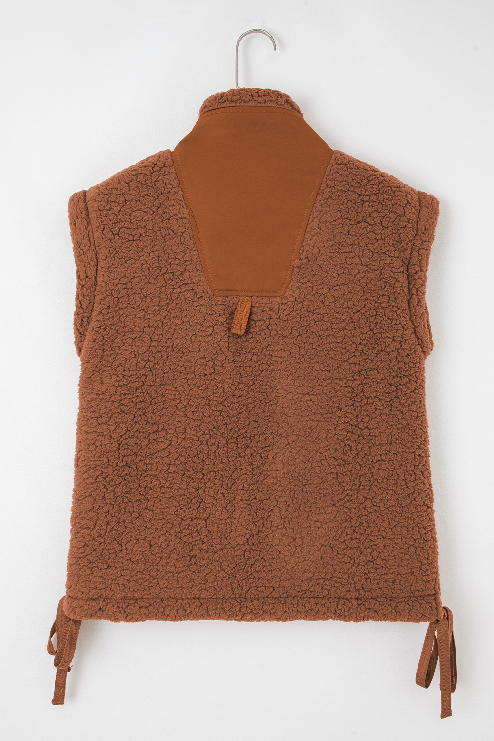 Cinnamon Faux Fur Snap Button Front Knot Side Plush Vest with Pockets - loveforevers