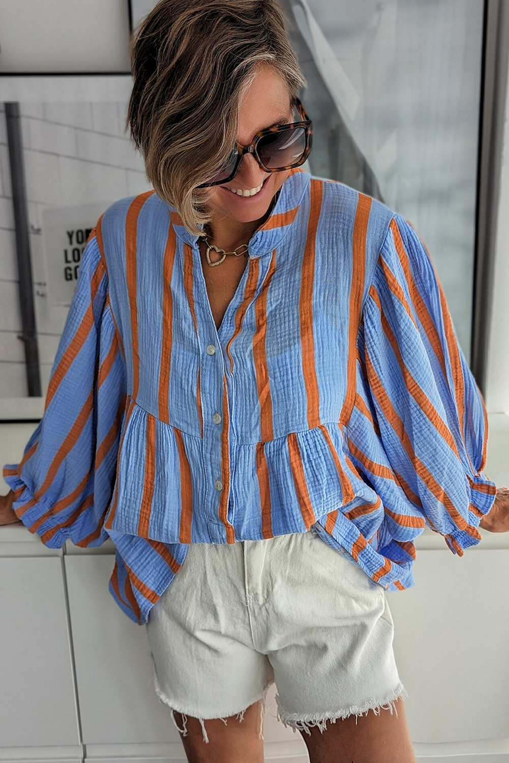 Sky Blue Stripe Crinckled Ruffled Sleeve Button up Loose Shirt - loveforevers