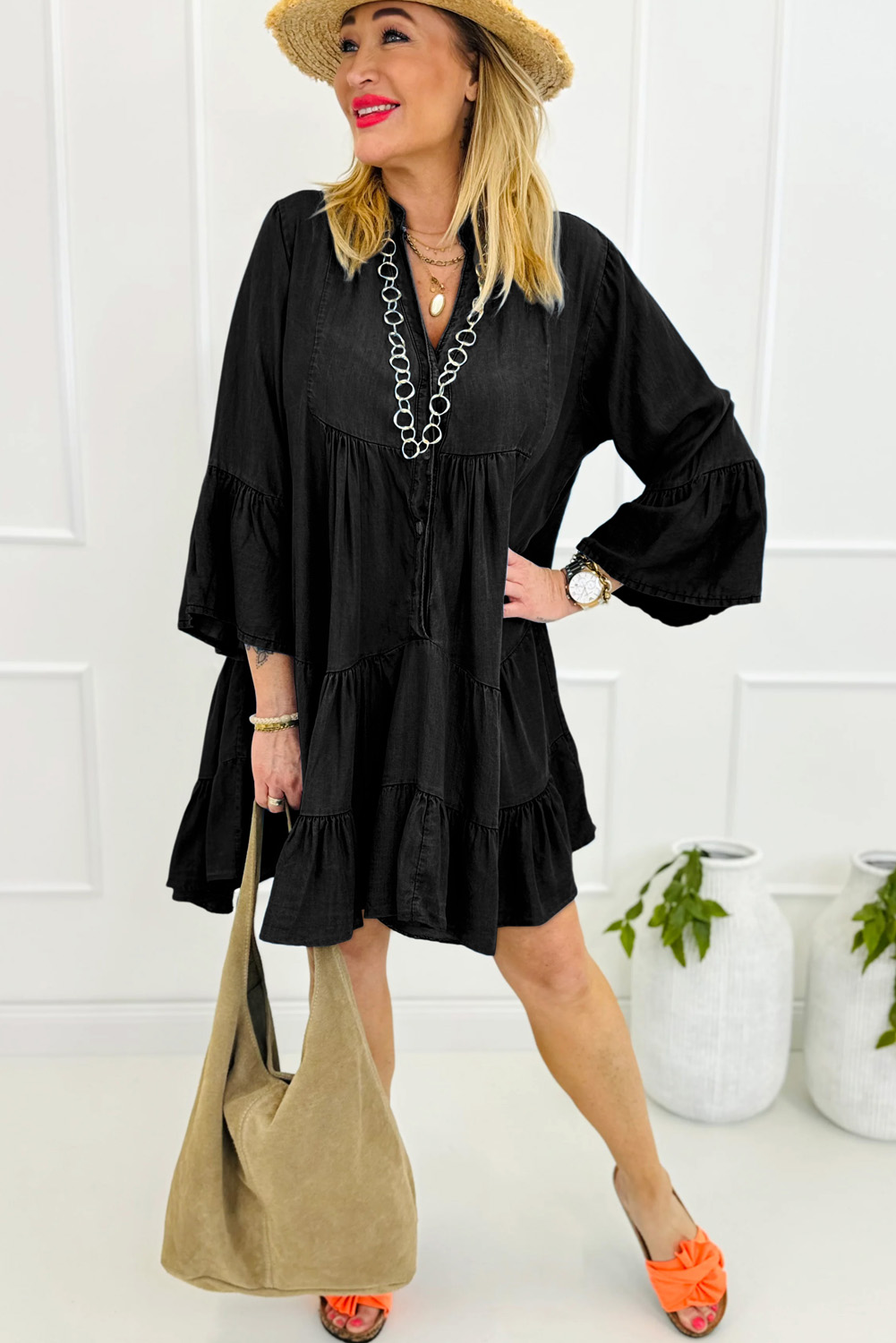 Sky Blue Chambray Ruffled 3/4 Sleeve Tiered Split V Neck Mini Dress - loveforevers
