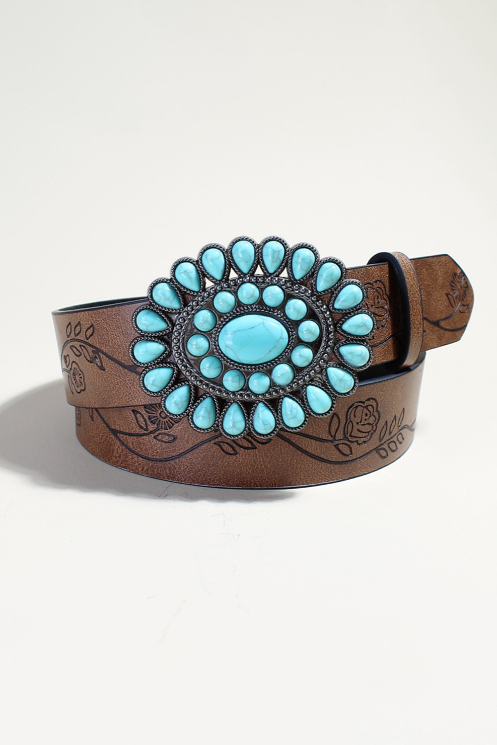 Chestnut Turquoise Gem Stone Western Fashion Faux Leather Belt - loveforevers