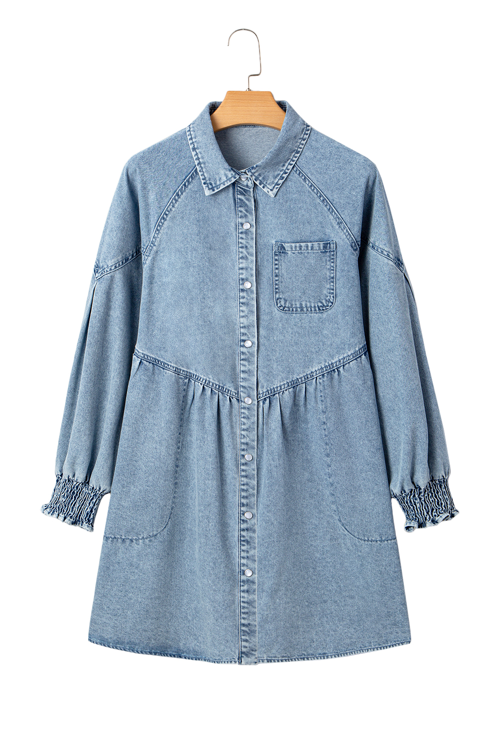 Beau Blue Smocked Cuffs Flared Denim Shirt Mini Dress - loveforevers